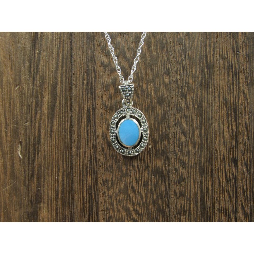 18" Sterling Silver Marcasite And Light Blue Inlay Pendant Necklace Vintage